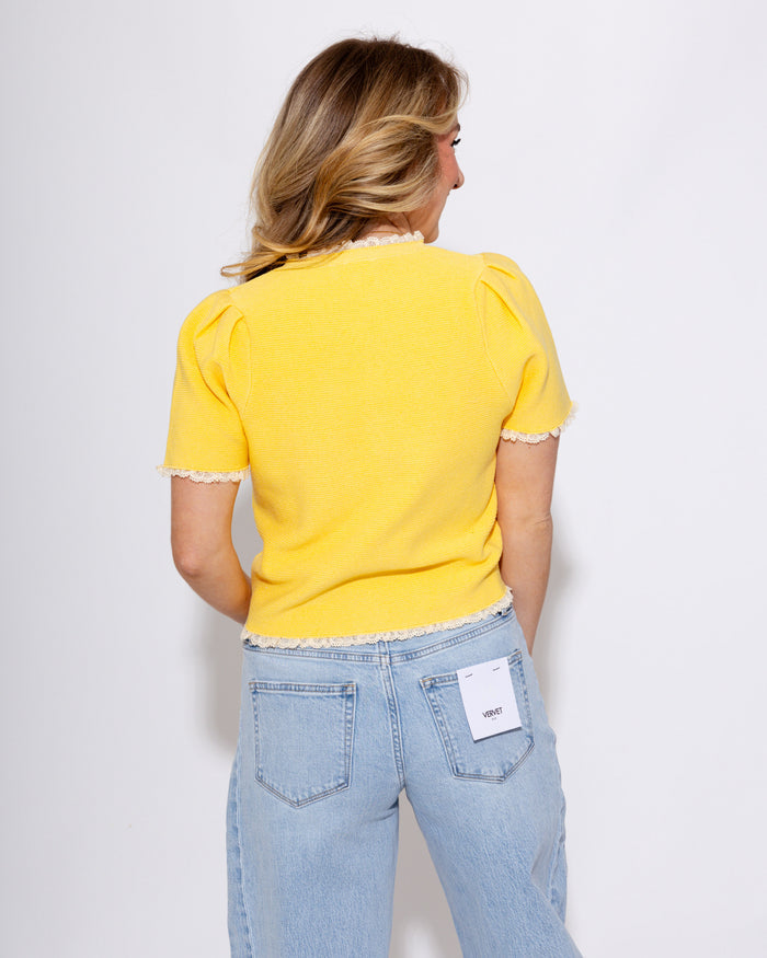 Contrast Trim Puff Sleeve Top in Lemon