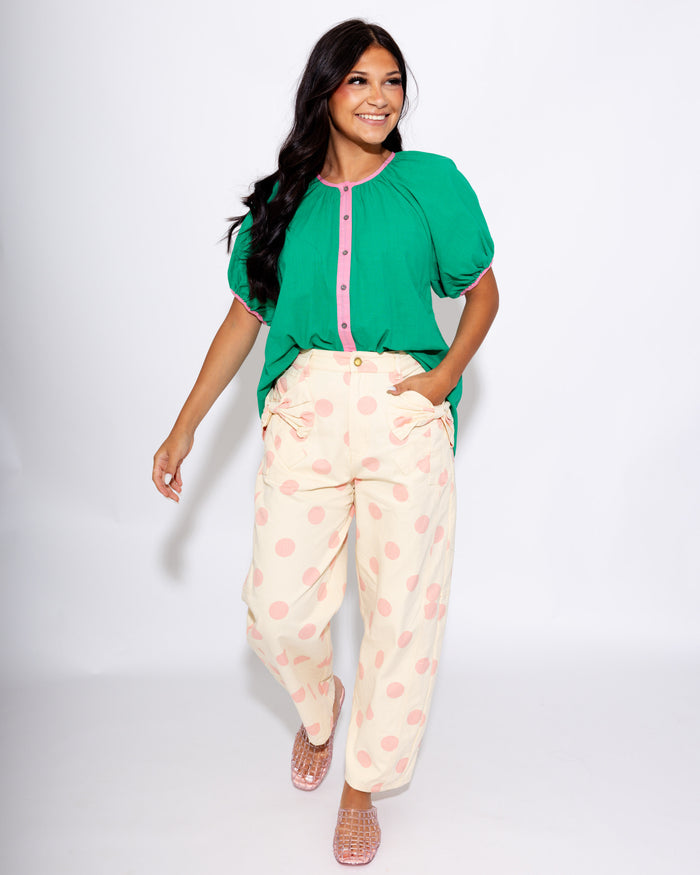Contrast Trim Puff Sleeve Top