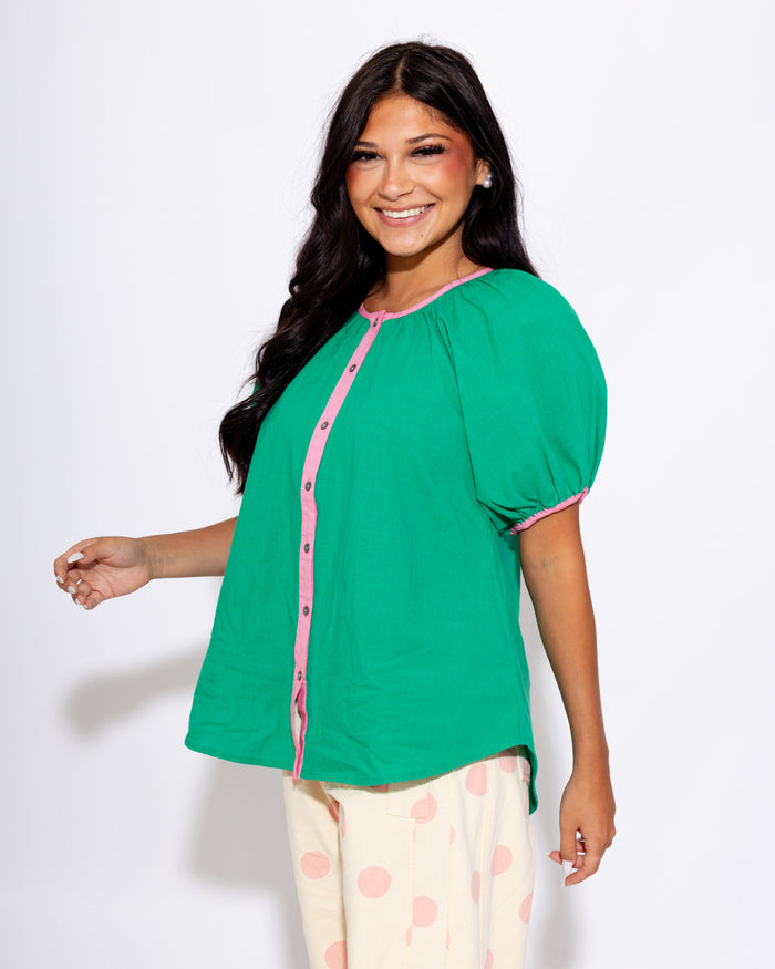 Contrast Trim Puff Sleeve Top