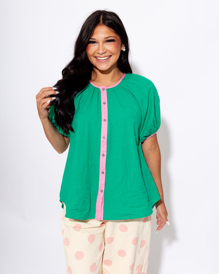 Contrast Trim Puff Sleeve Top