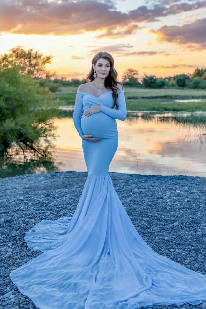 Cotton Mermaid Maternity Photography Dresses Off The Shoulder Long Sleeve 2021