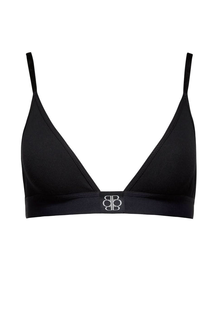 Black bra with a Bumpsuit brand logo on a white background