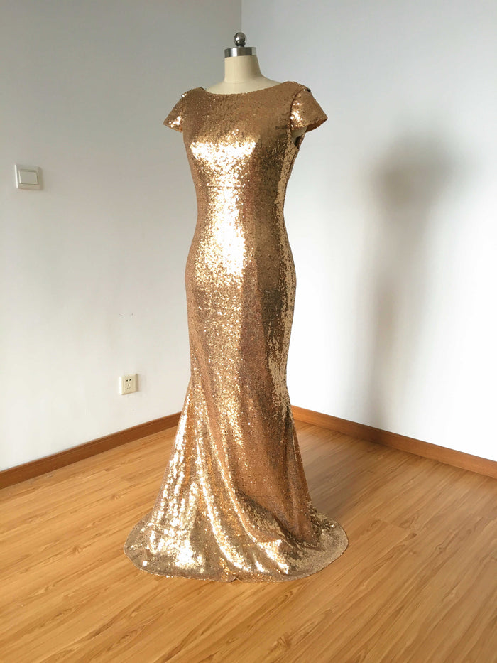 Cowl Back Bronze Gold Sequin Long Bridesmaid Dress 2020 Mermaid