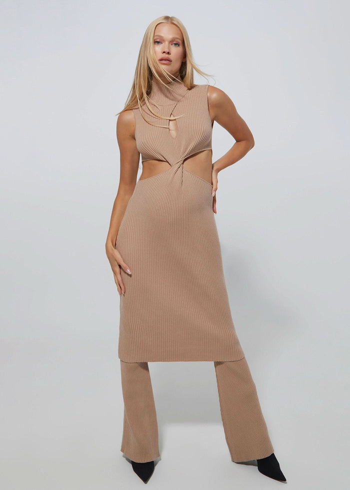 the maternity cozy knit ribbed flare pant in camel