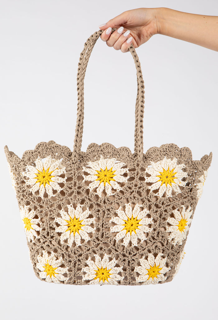 Crochet Knit Daisy Tote Bag