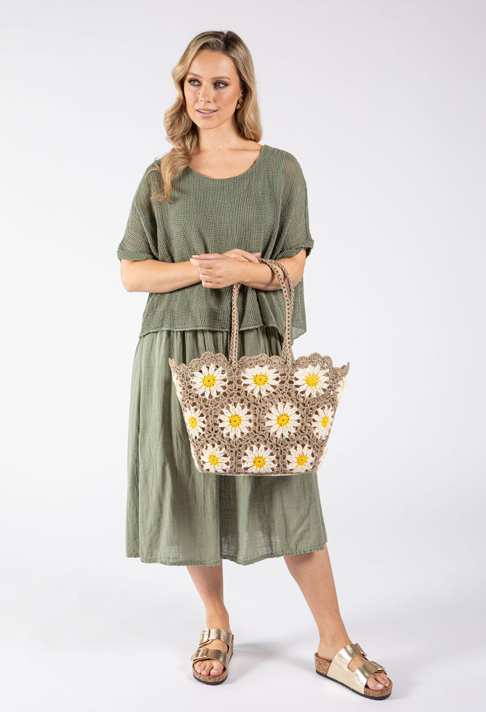 Crochet Knit Daisy Tote Bag