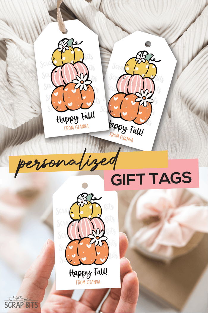 Cute Groovy Stacked Pumpkins, Personalized Fall Gift Tags - Scrap Bits