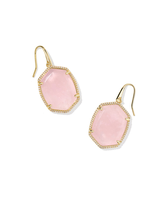 Daphne Pave Frame Drop Earring in Gold Rose Quartz
