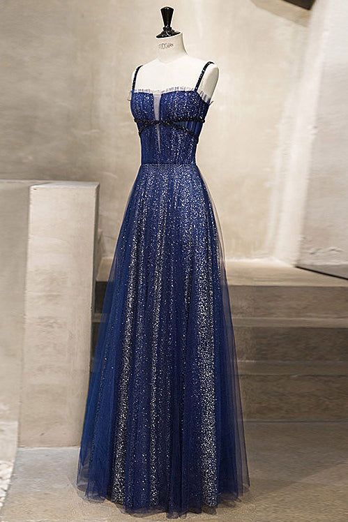 Dark Blue Elegant Prom Dress 2023 A-line Spaghetti Straps Tulle Sequined Sparkle&Shine