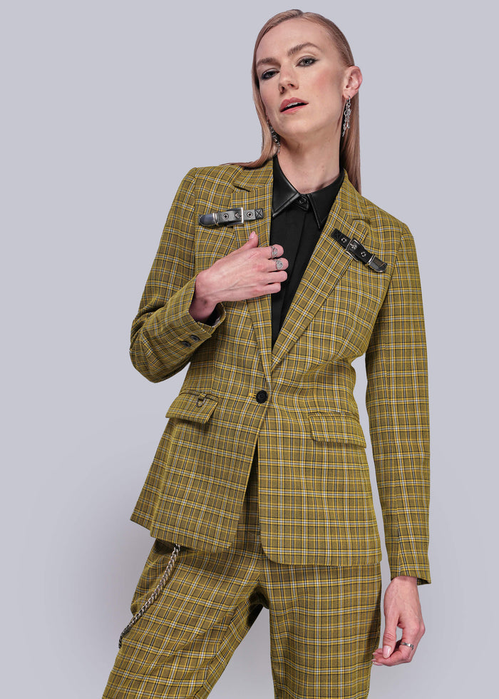 S=Person wearing a yellow plaid suit against a plain background