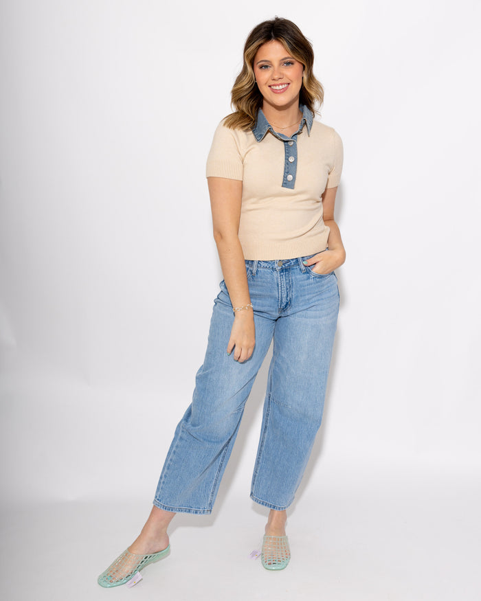 Denim Contrast Collared Sweater Top