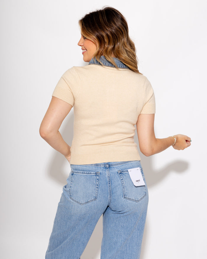Denim Contrast Collared Sweater Top