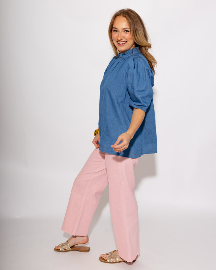 Denim Ruffle Mock Neck Top in Light