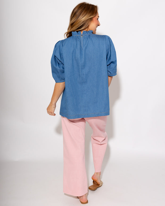 Denim Ruffle Mock Neck Top in Light
