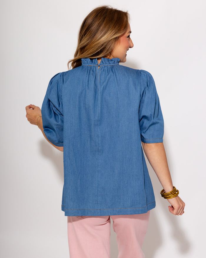 Denim Ruffle Mock Neck Top in Light