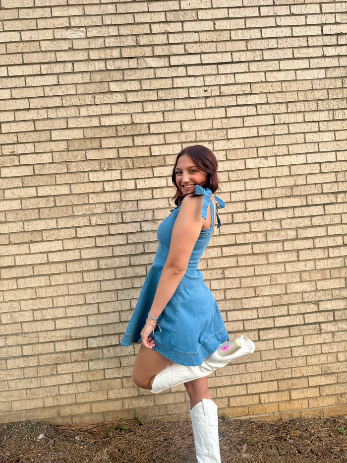 DENIM STRAP TIE MINI DRESS