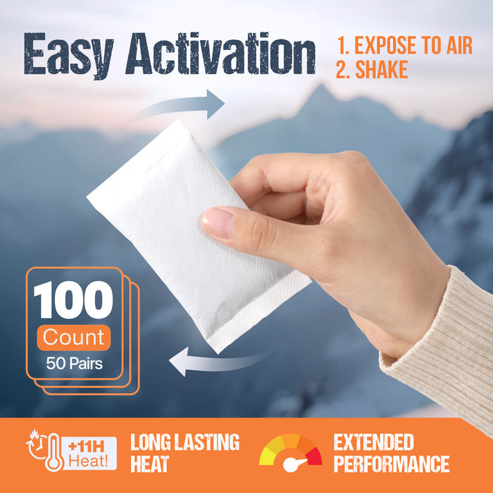 Disposable Natural Hand Warmers – 100 Pairs, 11 Hour Air Activated Heat Packs