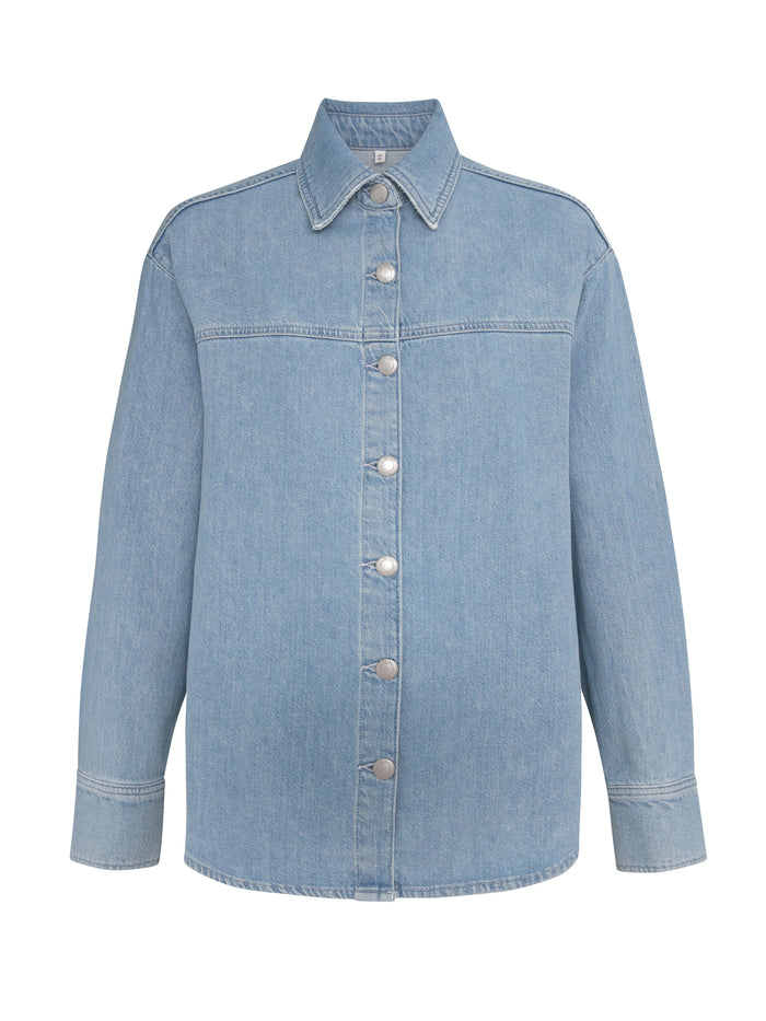 Light blue denim jacket on a white background