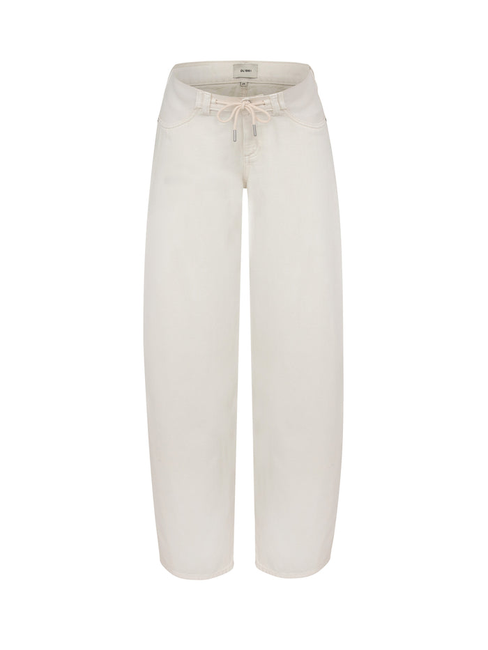 Flax coloured relaxed fit maternity pants with a drawstring on a white background