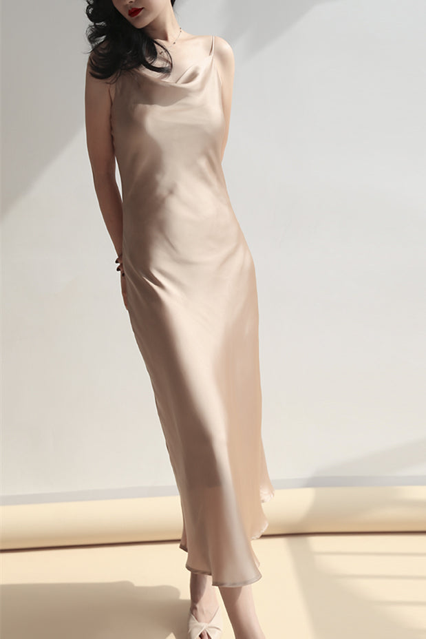 Dusty Blue Silk Cowl Neck Midi Slip Dress