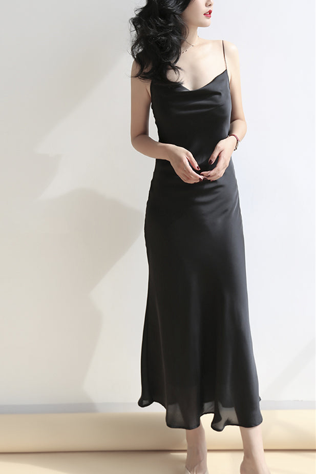 Dusty Blue Silk Cowl Neck Midi Slip Dress