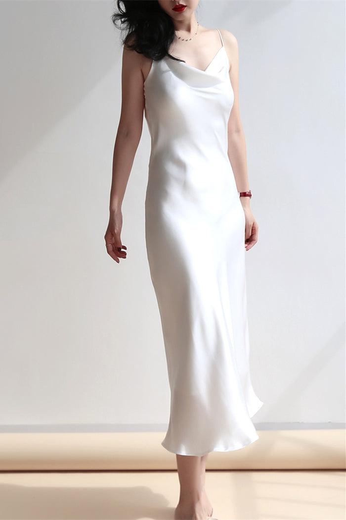 Dusty Blue Silk Cowl Neck Midi Slip Dress