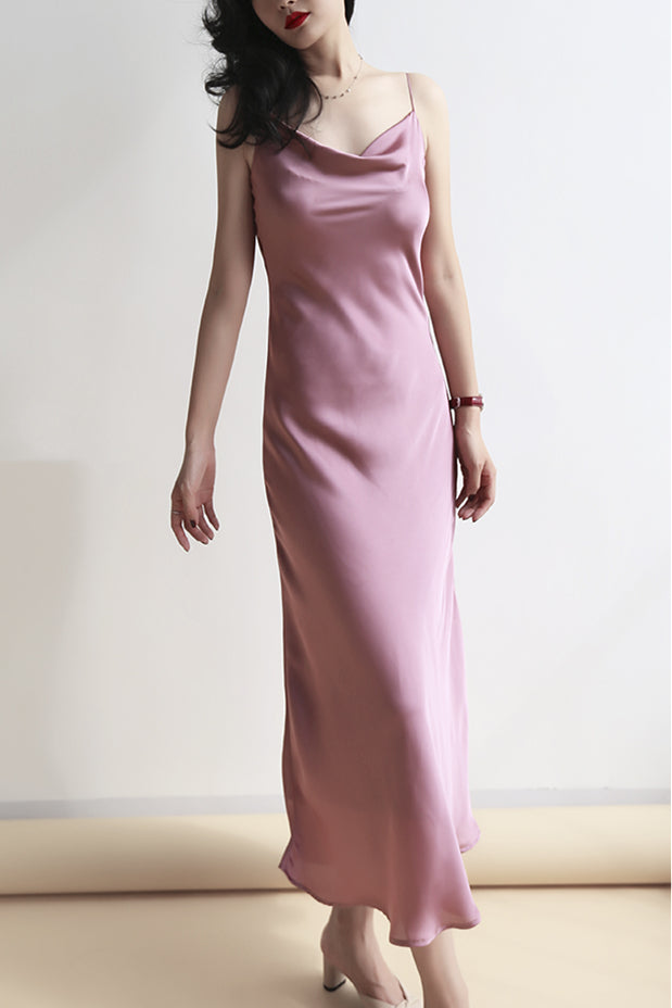 Dusty Blue Silk Cowl Neck Midi Slip Dress