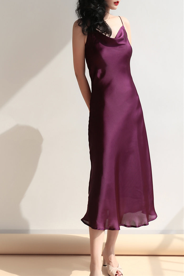Dusty Blue Silk Cowl Neck Midi Slip Dress