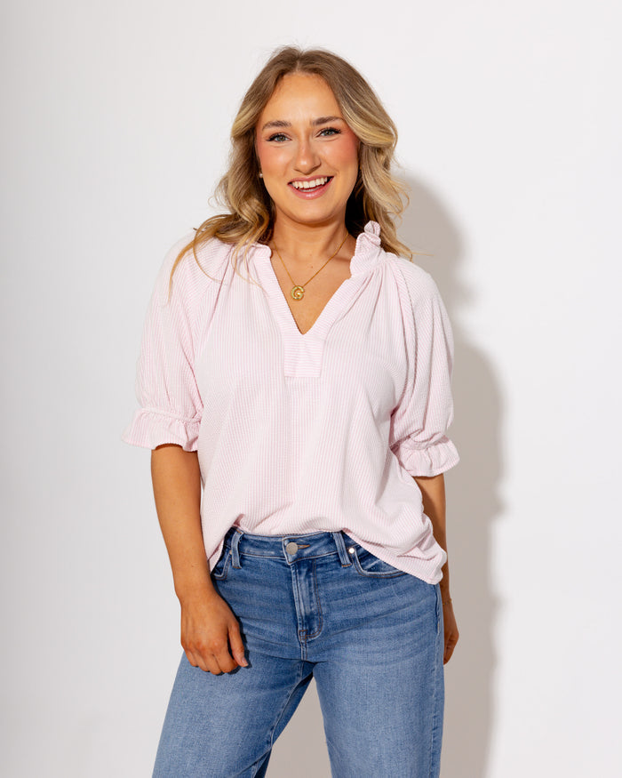 Effortless Puff Sleeve Ruffle Top in Pink