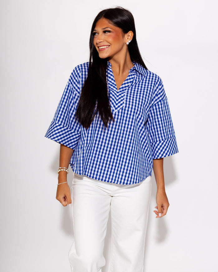 Effortless Summer Gingham Top in Indigo