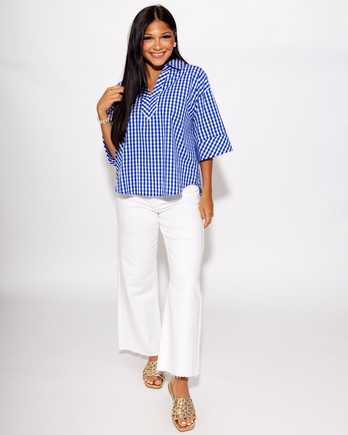 Effortless Summer Gingham Top in Indigo