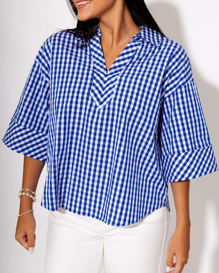 Effortless Summer Gingham Top in Indigo