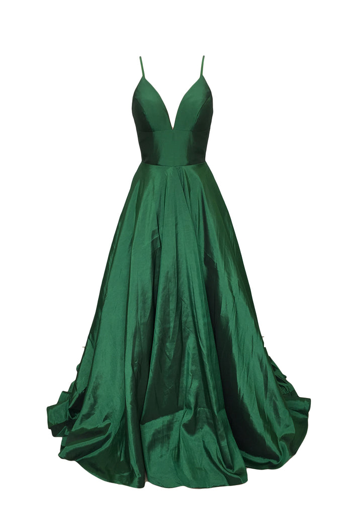 Emerald Green Prom Dress 2022 Spaghetti Straps Taffeta Long Evening Dress with Pockets