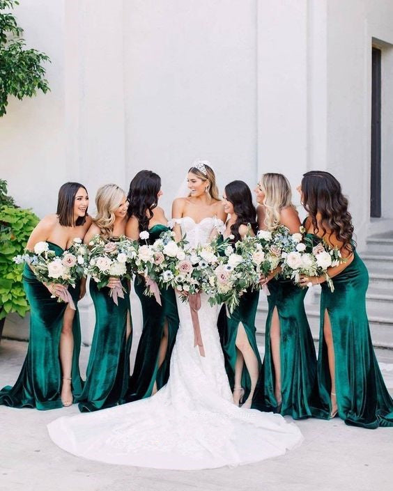 Emerald Green Velvet Bridesmaid Dress 2021 Sweetheart Maxi Dress with Slit & Horsehair Hem