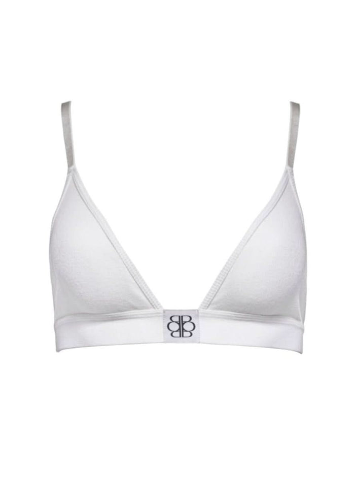 White bra with a Bumpsuit brand logo on a white background