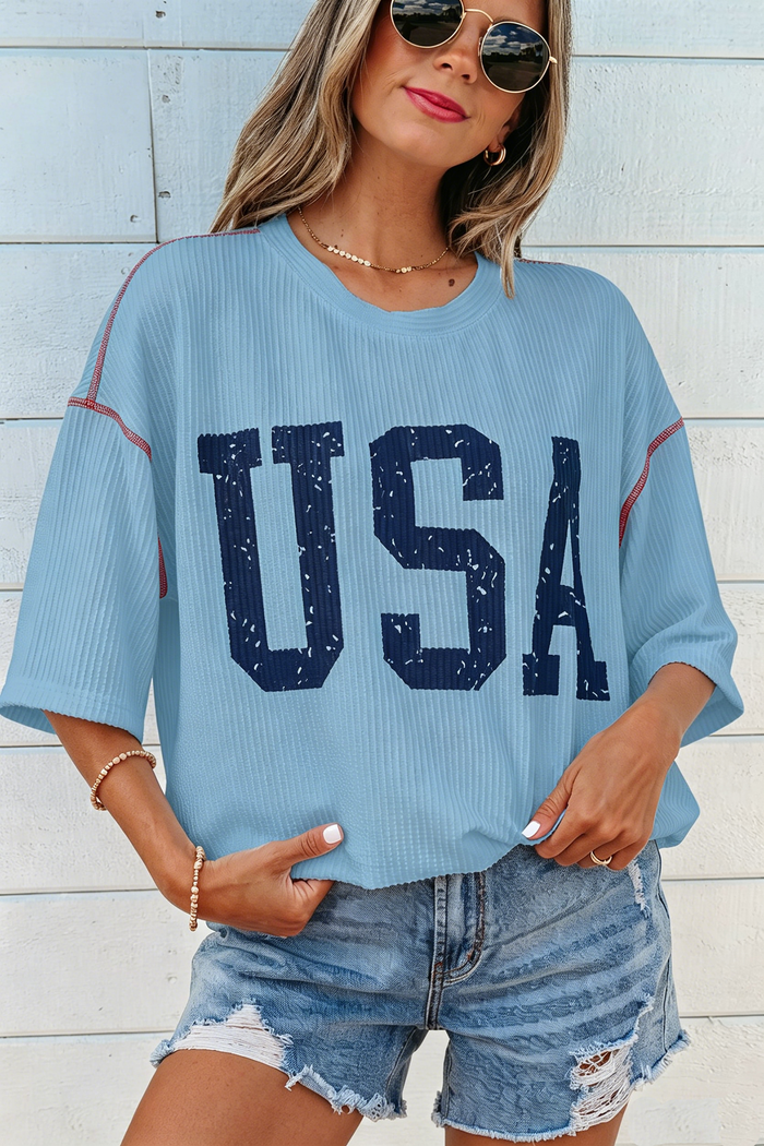 Fiery Red USA Graphic Half Sleeve Loose Ribbed Top