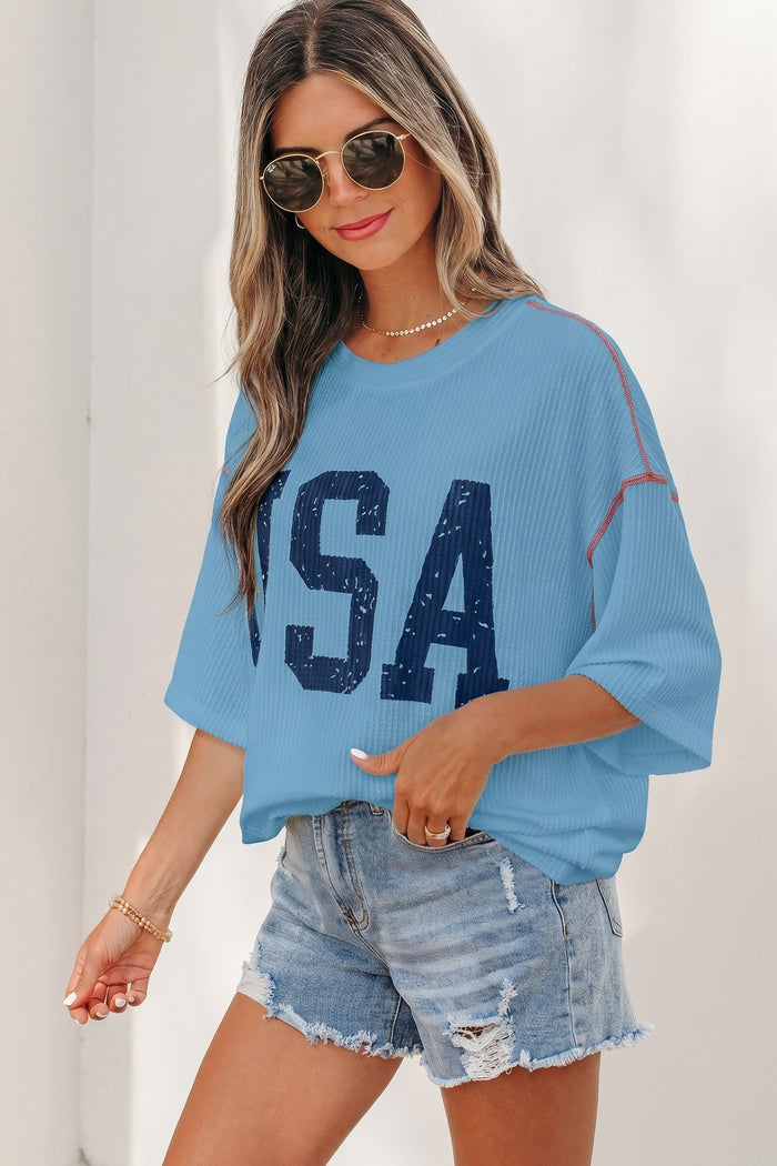 Fiery Red USA Graphic Half Sleeve Loose Ribbed Top