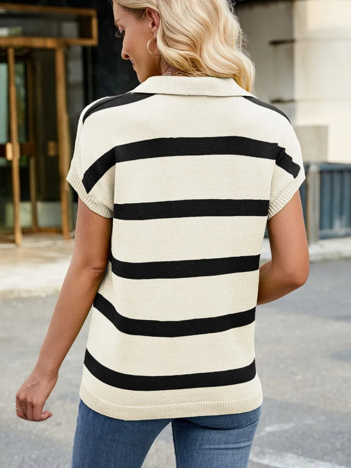 Flip collar casual striped knitted sweater vest