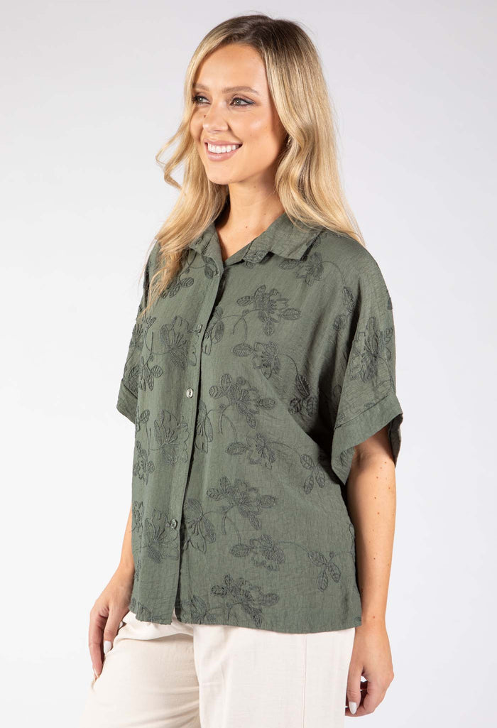Floral Embroidery Linen Look Shirt