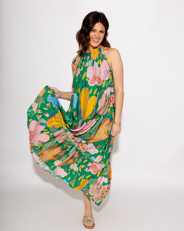 Floral Halter Neck Midi Dress in Green