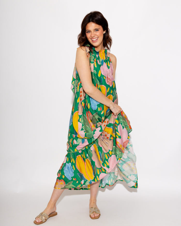 Floral Halter Neck Midi Dress in Green