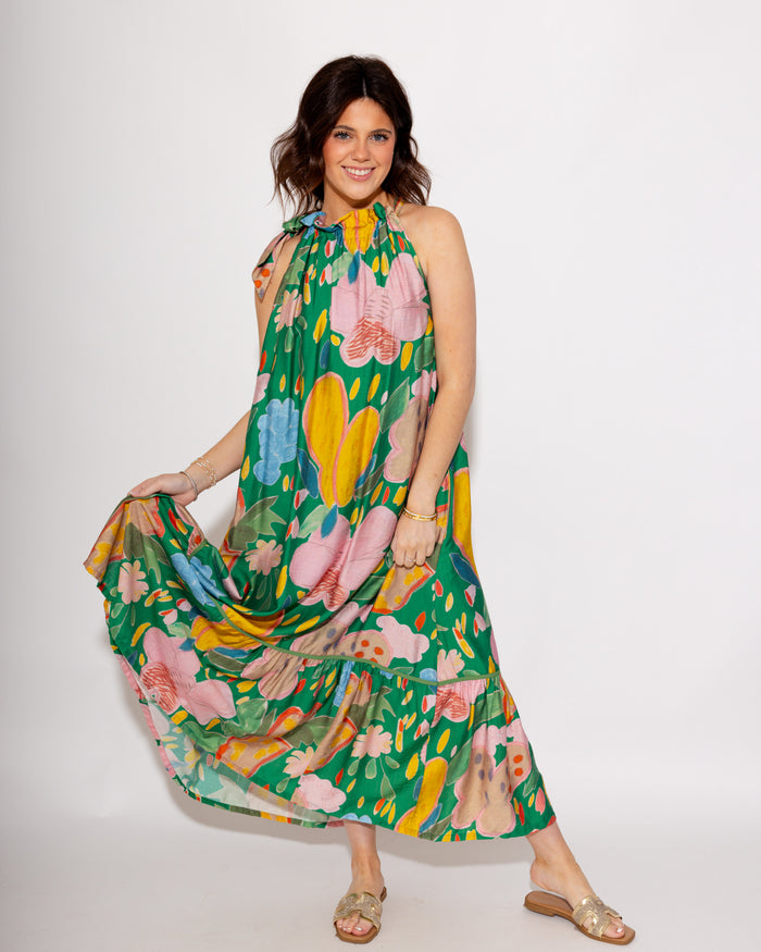 Floral Halter Neck Midi Dress in Green