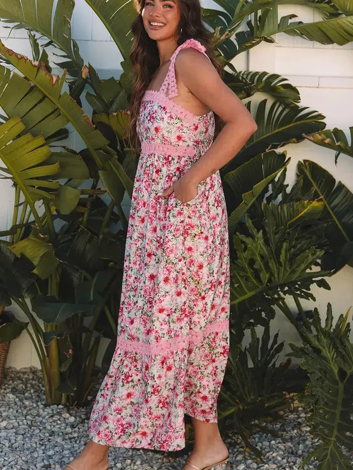 Floral Lace Tied Strap Empire Waist Maxi Dress
