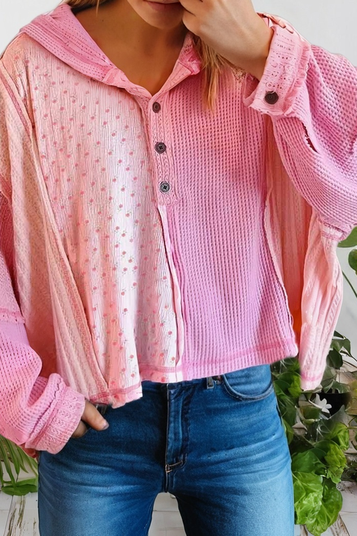 Floral Patchwork Waffle Hooded Oversized Pullover