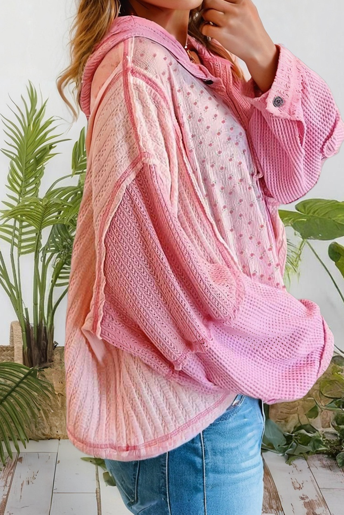 Floral Patchwork Waffle Hooded Oversized Pullover