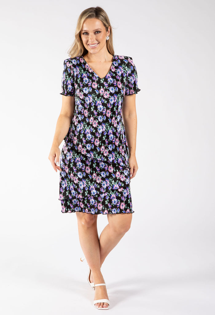 Floral Print Tiered Plisse Dress