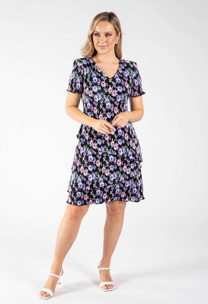 Floral Print Tiered Plisse Dress