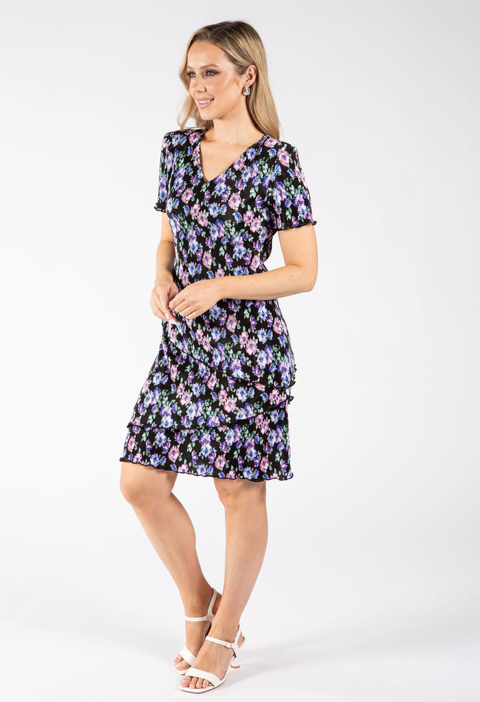 Floral Print Tiered Plisse Dress