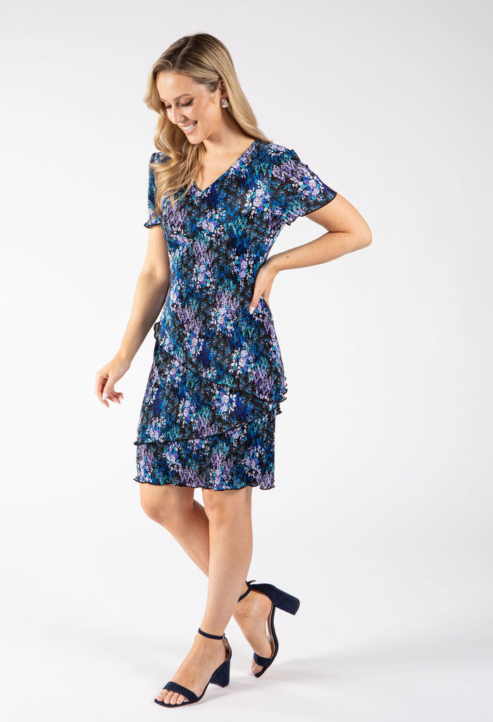 Floral Print Tiered Plisse Dress
