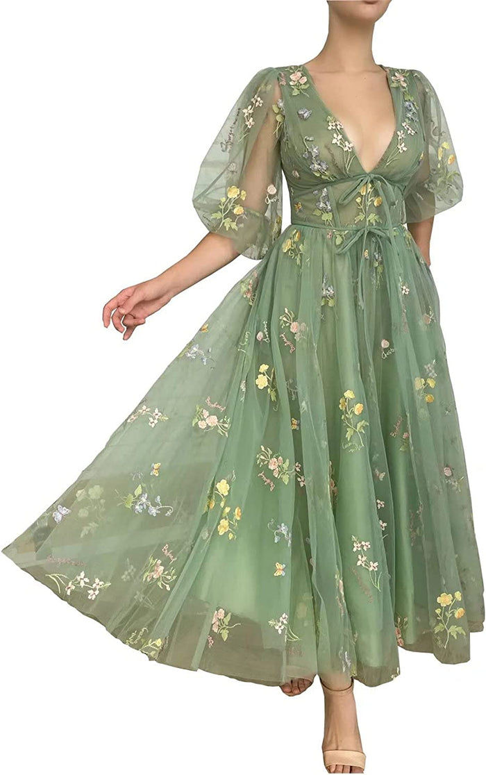Floral Prom Dress 2023 A-line V Neck Corset Back Embroidery Tulle with Bow(s)